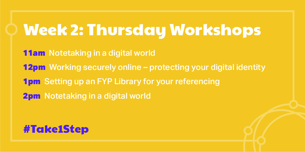 ULLibrary's tweet photo. Here it is, the #Take1Step Digital Skills Workshop schedule
for Week 2.
All workshops are free and no registration required – just
pop in!
Share this schedule with anyone you think might be
interested in gaining essential digital skills for work and
study.
#StudyAtUL https://t.co/9yzUXEL0rO