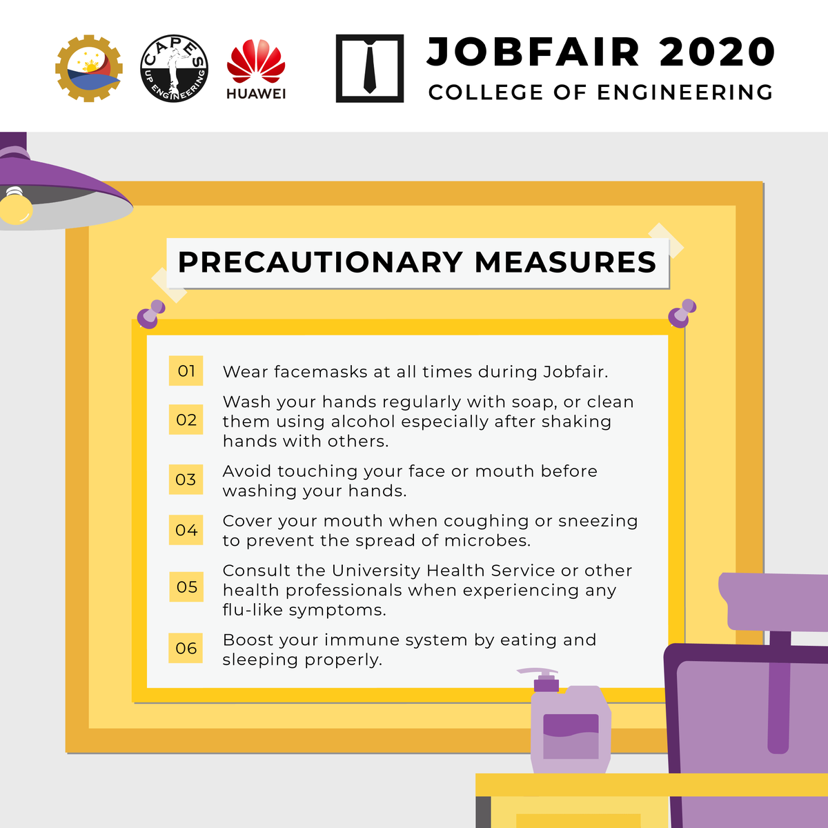 UPCAPES's tweet photo. In light of the recent nCOV virus that has been reported, here are some precautionary measures for those who will be attending Jobfair. Alcohol dispensers are also provided at the satellite and secretariat booths.
See you!
#EngineeringtheFilipinoFuture https://t.co/ilGSq46Zwx