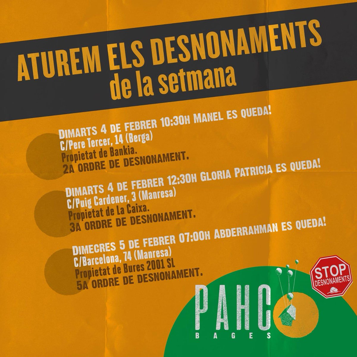 ⚠️ ALERTA DESNONAMENT ⚠️ 
Demà dimarts Bankia vol expulsar de casa a un veí de Berga. Hem de ser moltes per evitar-ho. El Manel es queda!
🚩Carrer Pere III, 14
🕥 10.30h
