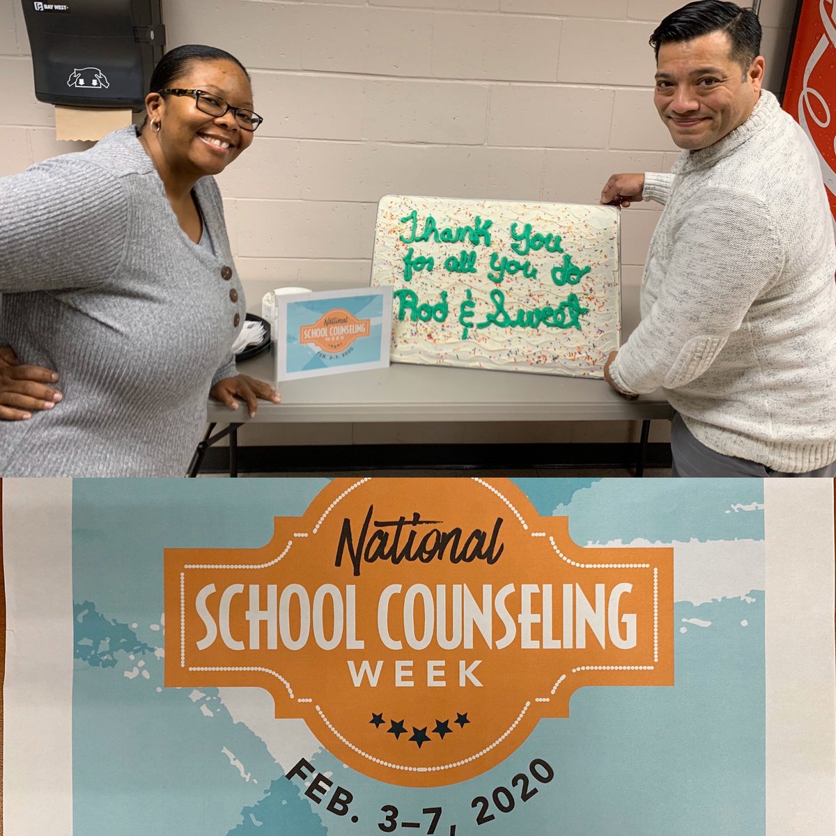 LBSuptRodriguez's tweet photo. AAA students & staff starting out this new month and week by celebrating @MarkusR53875449 & @lasweet16 in honor of National School Counseling Week. Thank you Mr. Rod & Ms.Sweet for all you do! #wcmm #AAAfutureready https://t.co/H5DV7HuYEs