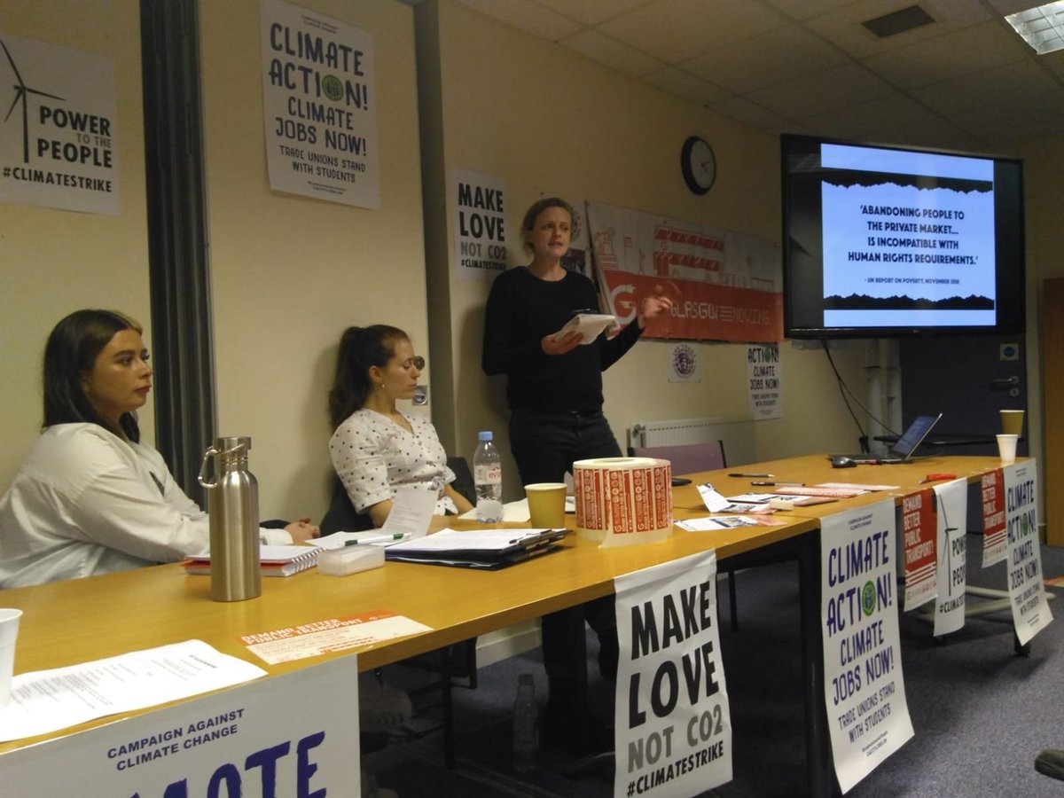 Image of Emily Yates from the Association of British Commuters. Slide in the background including quote from the UN report: "Abandoning people to the private market is incompatible with human rights requirements."