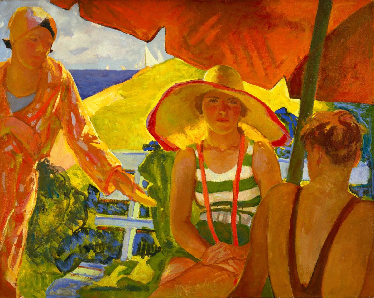 Painting of young people in vintage bathing suits sitting underneath large parasols at the beach; the painting is predominantly warm, vibrant shades.