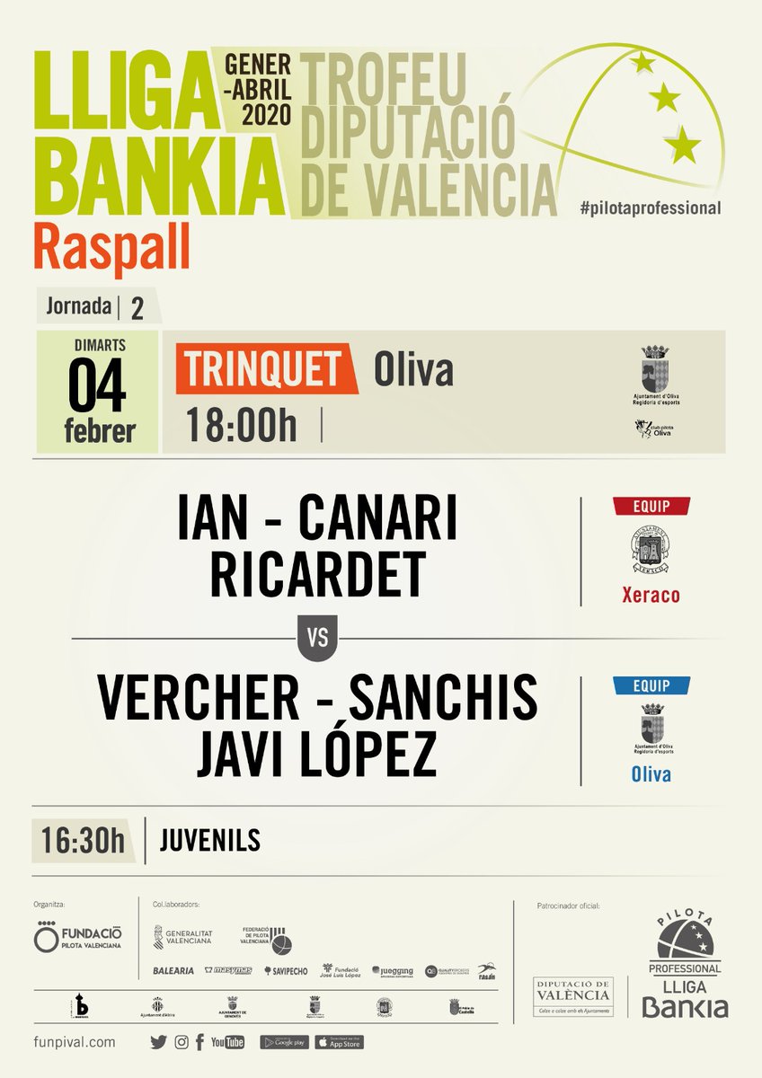 Dimarts 4 de febrer de 2020
📍Trinquet d'Oliva
⏰16:30 
#pilotaprofessional #lligabankia