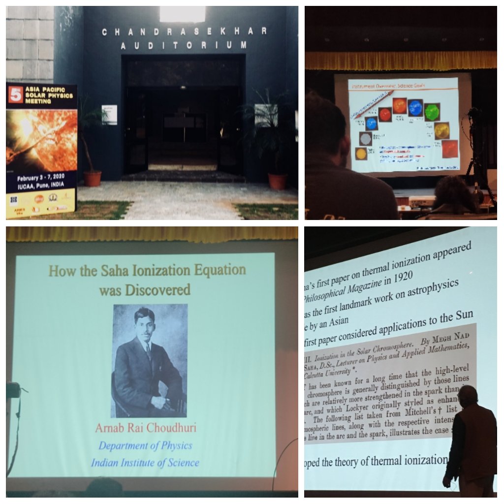 joshiyogesh1998's tweet photo. -- Day started with warm welcome by @somakrc followed with talks on Future solar projects.
-- Day to end with Prof. Arnab Rai Chaudhuri's talk on "Discovery of Saha Ionization Equation" on its centenary year of discovery @IUCAApune
#APSPM- 2020 (Day-1) https://t.co/IVNNcjAyOo