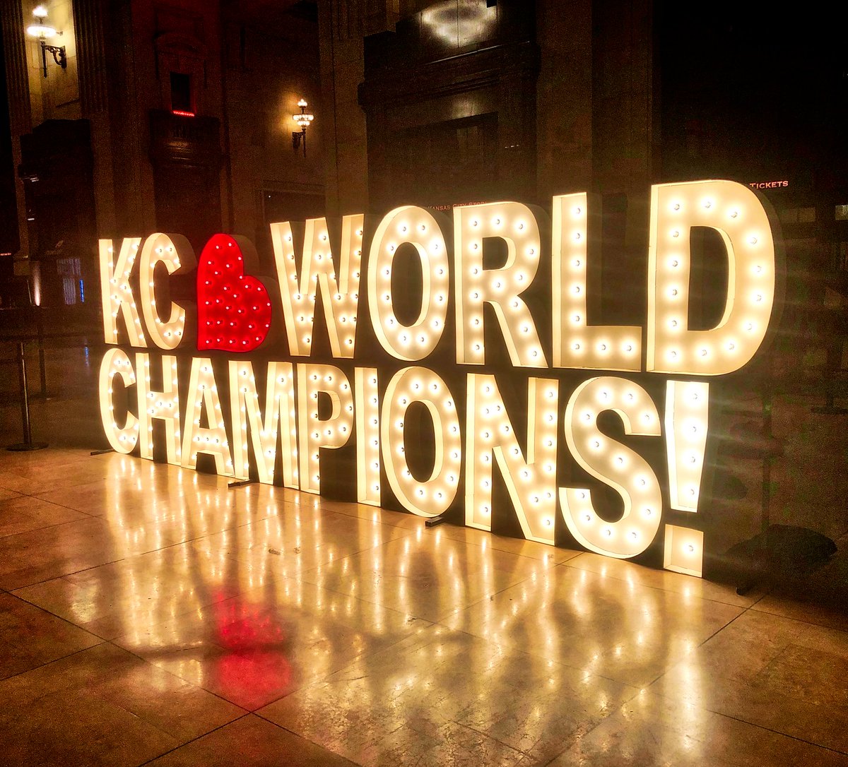 UnionStationKC's tweet photo. Chiefs fans! The Championship banner is up on the outside of the building, and inside Grand Hall we have a brand new photo op for you! Updated overnight by Alpha Lit KC, it's open now and ready for you to snap that special shot celebrating our SUPER BOWL LIV CHAMPIONS!!! ❤️💛 https://t.co/RU17eLOfCY