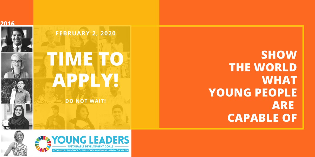 Global Goals (@globalgoalsun) on Twitter photo ✅ Are you 15-29 yrs of age?
✅ Done something exceptional towards achieving the #GlobalGoals?
The <a href="/UNYouthEnvoy/">UN Youth Envoy</a> is looking for the next #SDGYoungLeaders to help inspire youth around the world!
Deadline: 22 Feb ➡️ bit.ly/SDGYL2020
#Youth2030 ✅ Are you 15-29 yrs of age?
✅ Done something exceptional towards achieving the #GlobalGoals?
The <a href="/UNYouthEnvoy/">UN Youth Envoy</a> is looking for the next #SDGYoungLeaders to help inspire youth around the world!
Deadline: 22 Feb ➡️ bit.ly/SDGYL2020
#Youth2030