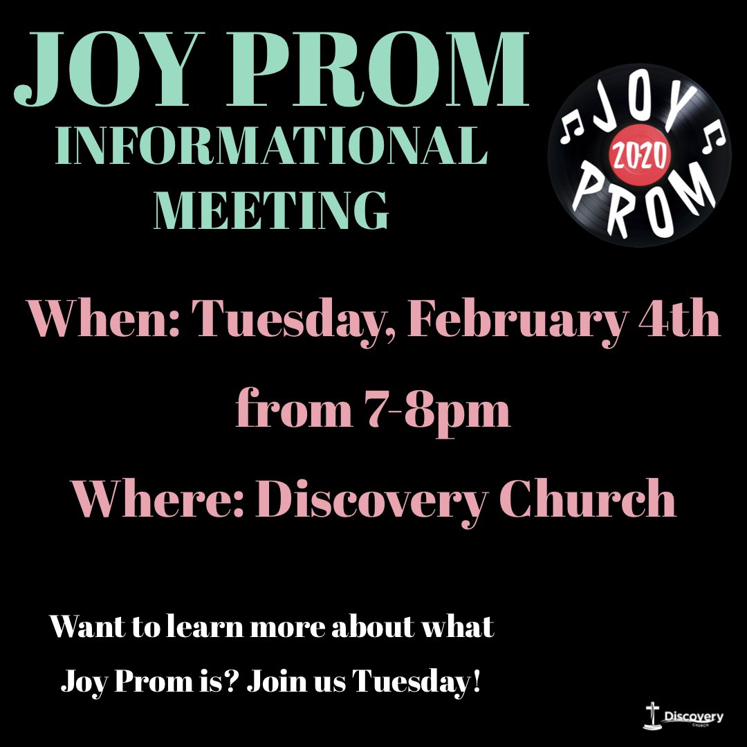 DiscoveryHKY's tweet photo. Interested in volunteering at Joy Prom but don’t know what it is? Never been a Joy Prom volunteer but are curious and want to know more? Then this meeting is for you! Please join us tomorrow at 7pm as we introduce what Joy Prom. We can’t wait to see you there! https://t.co/ZH57qiuLfH