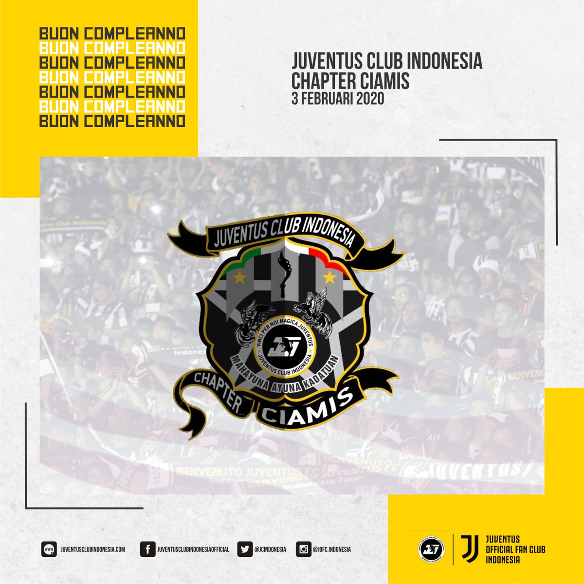 Hari ini, 3 Februari 2020 JCI Chapter Ciamis merayakan hari jadinya yang ke-8.

Selamat Ulang Tahun <a href="/JCI_Ciamis/">Juventini Ciamis</a>! Semoga semakin kompak, solid, bersinergi dan terus menjadi rumah terbaik bagi Juventini di Ciamis.

Buon Compleanno!