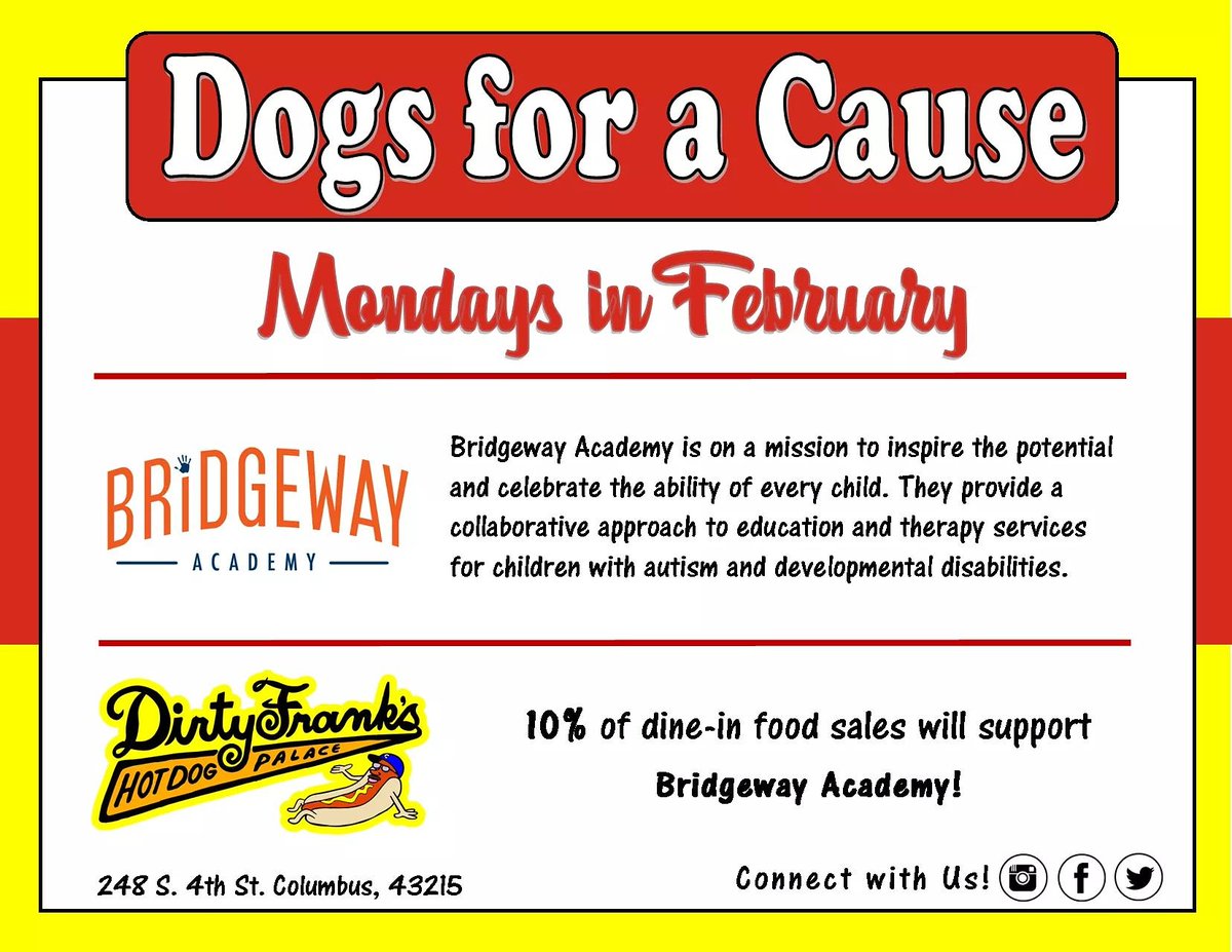 DirtyFranksDogs's tweet photo. In the month of February, we're teaming up with @BridgewayOhio whose mission is to inspire the potential and celebrate the ability of every child. #DogsforaCause #LetsGoColumbus https://t.co/0ATLM228Je
