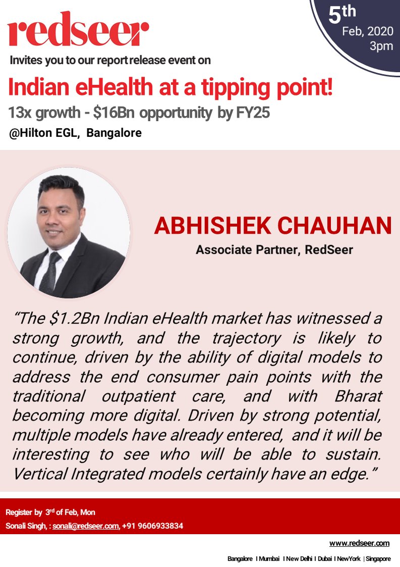 Redseer's tweet photo. Indian eHealth industry defining event on 5th Feb at 3pm - Hilton EGL, Bangalore.
For registration, click on the link - https://t.co/ytCIsfJe1U
#dontmiss #eHealth #healthcare #digitalhealth #healthtech #indianstartups #startups #startupshealth #Report #Reportlaunch #RedSeer https://t.co/93gdQVBjzO