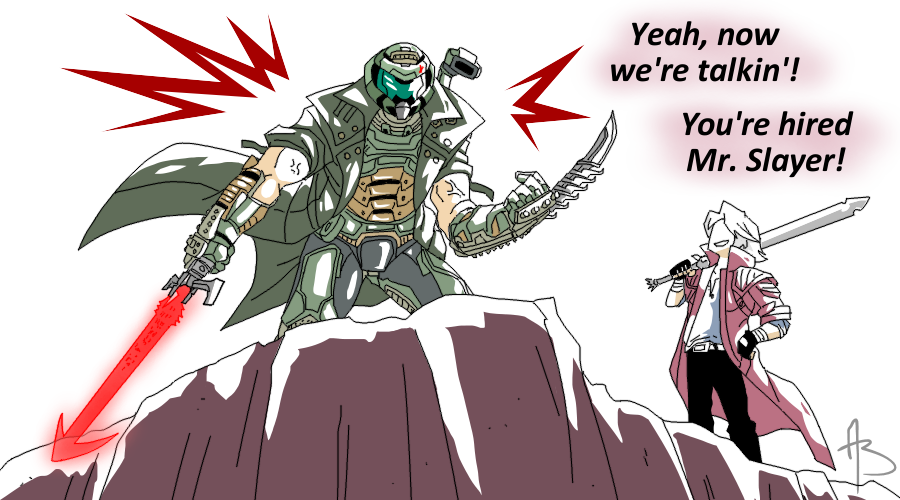 AmostheArtman's tweet photo. *HELP WANTED* Dante is looking for an experienced "demon slayer". #DevilMayCry #DMC5 #Dante #DMC #DOOM #DOOMEternal #doomslayer #Capcom #DMCV #DevilMayCry5 #gaming #fanart #Myart #comic #DemonSlayer #ripandtear #thispartysgettincrazy #DMC3 @DOOM @DevilMayCry https://t.co/qqq0IXYfIu