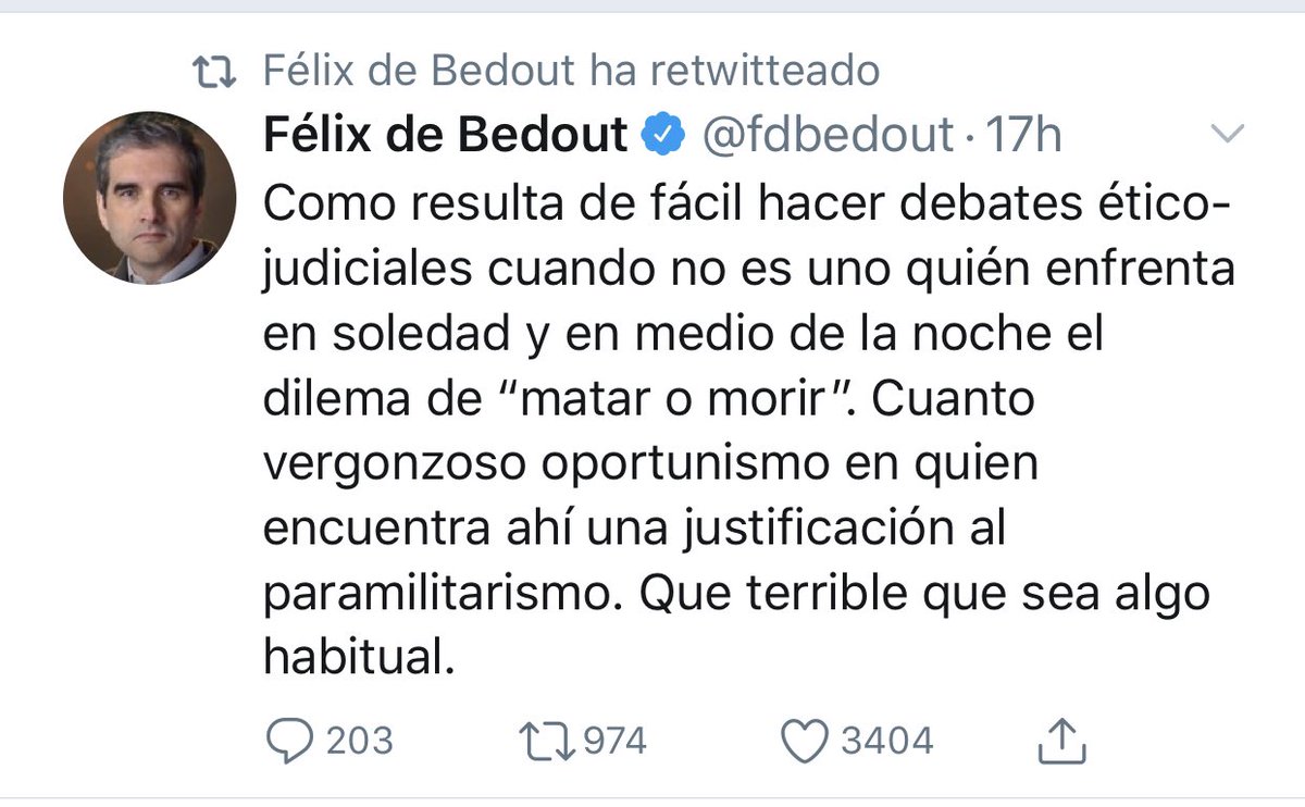 DELAESPRIELLAE's tweet photo. Entiendo las razones por las cuales @fdbedout se dejaría hacer cualquier cosa por parte de tres bandidos, sin oponer resistencia, sobre todo si el encuentro es en la paradisiaca Taganga.
PD: la Legítima Defensa es un derecho “genio”, no una invitación al paramilitarismo.(A.D.L.E) https://t.co/TTmZ9tXB5f