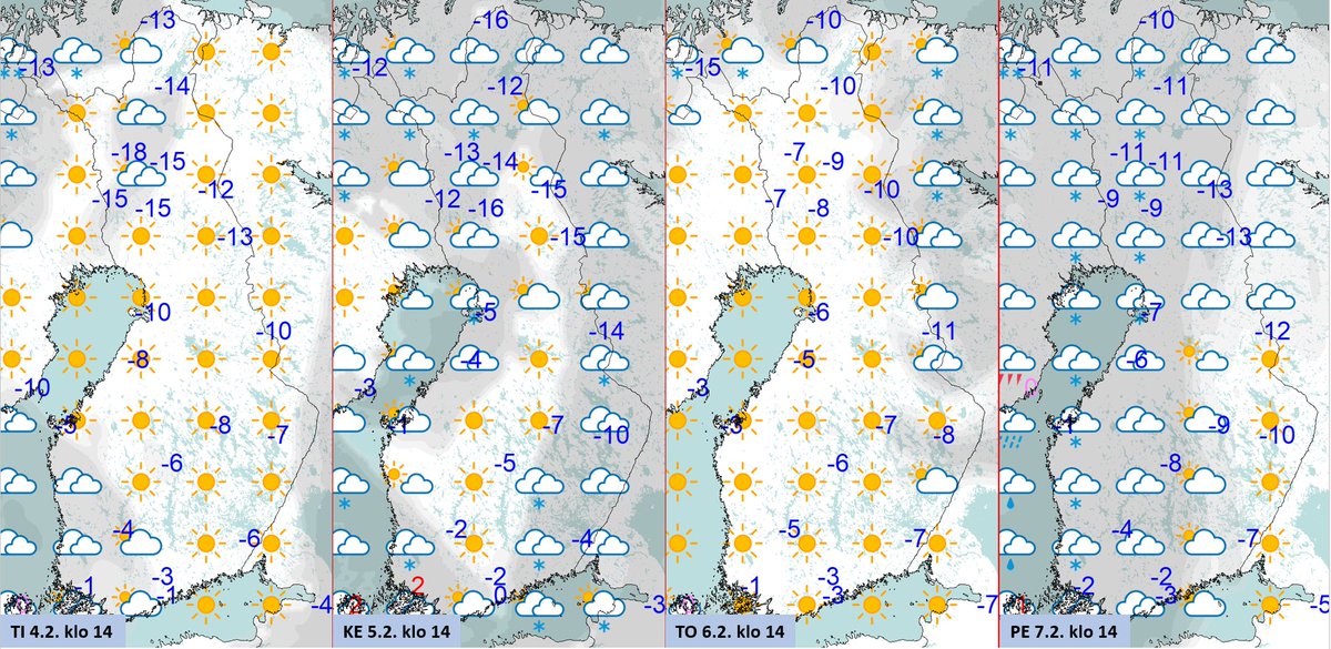 Lähipäivinä on aurinkoista tiedossa suureen osaan maata. Lämpötila vaihtelee etelän muutamasta pakkasasteesta pohjoisen yli 15 pakkasasteeseen.