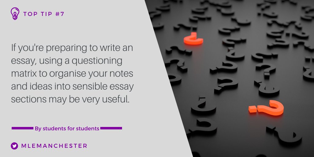 If you’re preparing to write an essay, using a questioning matrix to organise your notes and ideas into sensible essay sections may be very useful.
