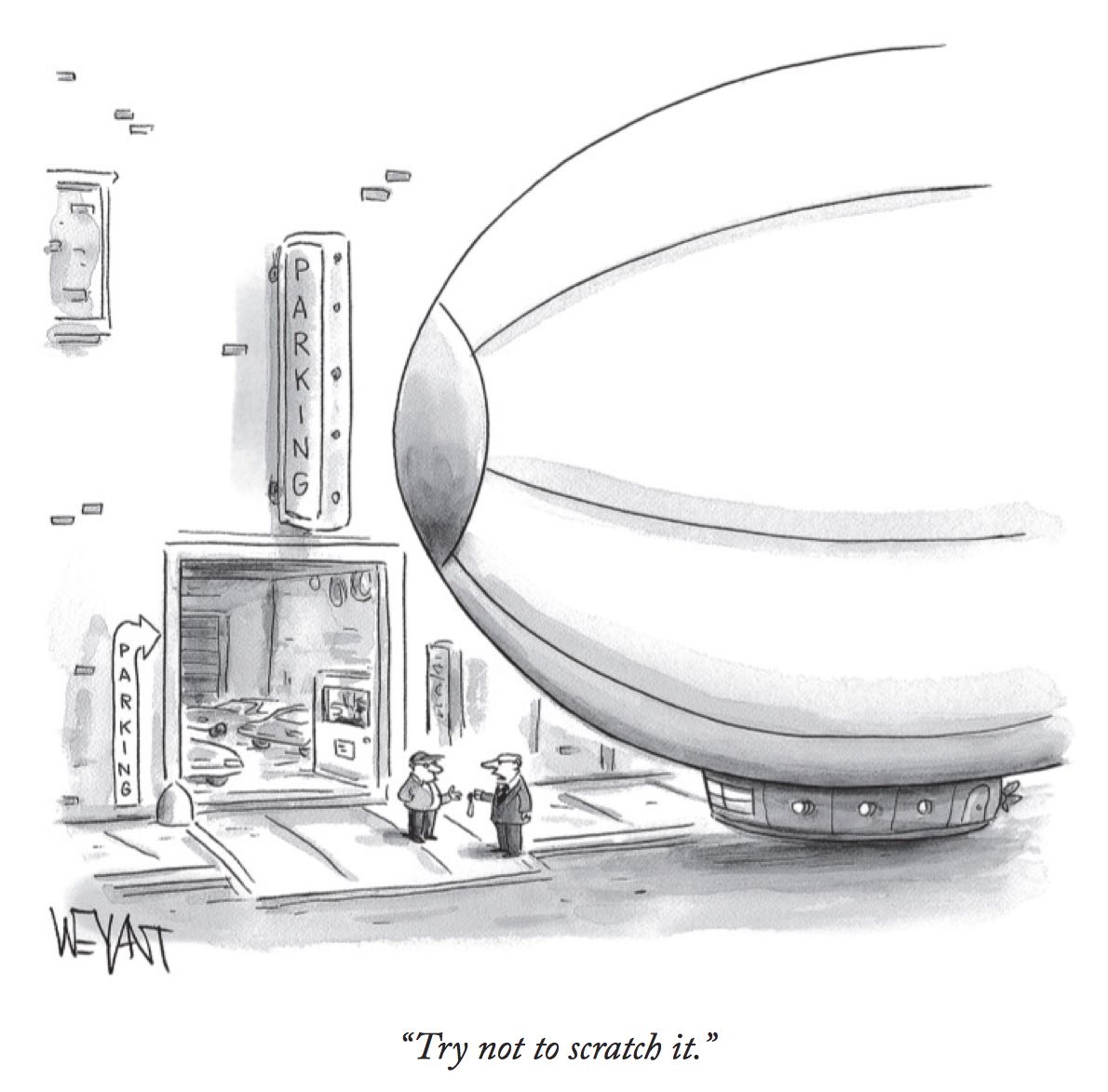 Gigantic zeppelin in front of very small parking garage entrance, as the owner hands of the keys to the attendant