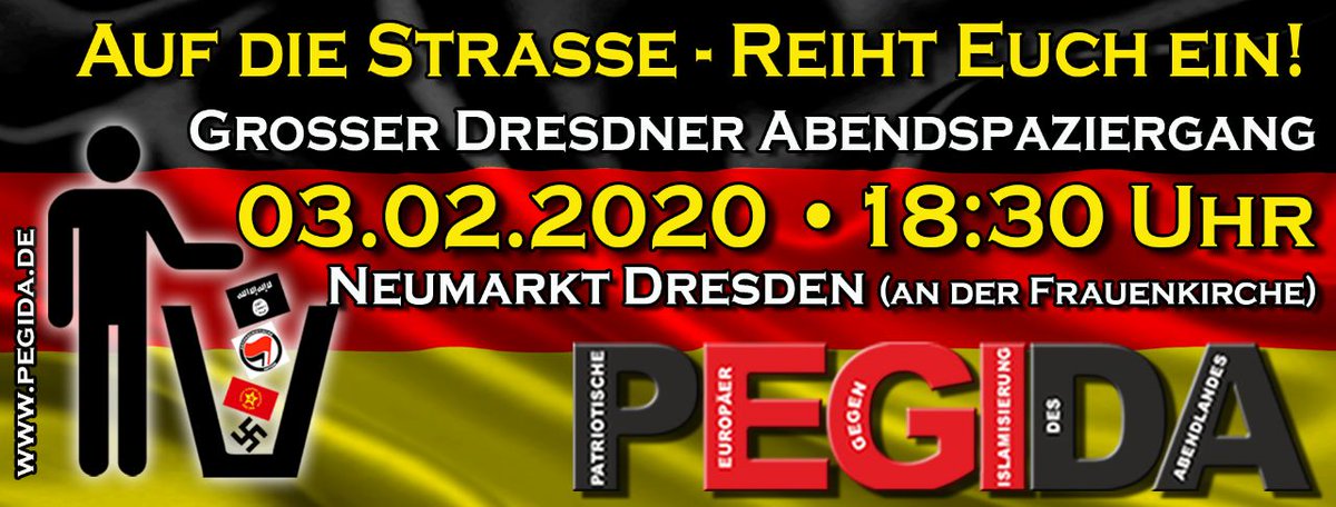 OFFICIAL_PEGIDA's tweet photo. TEILEN!  DANKE! 

HEUTE ABEND #AufDieStrasse mit #PEGIDA in #Dresden um 18:30 auf dem #NEUMARKT vor der #FRAUENKIRCHE!

#Sachsen #dd0302 #Leipzig #Chemnitz

https://t.co/RfC0FnMtaS 

Unsere Telegram Kanäle:

https://t.co/uHDRvfQhe2
https://t.co/lpLdw32n6N
https://t.co/Nx3N0M9WBh https://t.co/k8iXVSseI0
