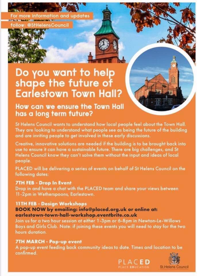 Have your say on what happens with Newton Town Hall! Various events including 2 design workshops <a href="/Newton_BGC/">Newton BGC</a> on 11th Feb. See poster for more info #community #newtonlewillows #earlestown #haveyoursay