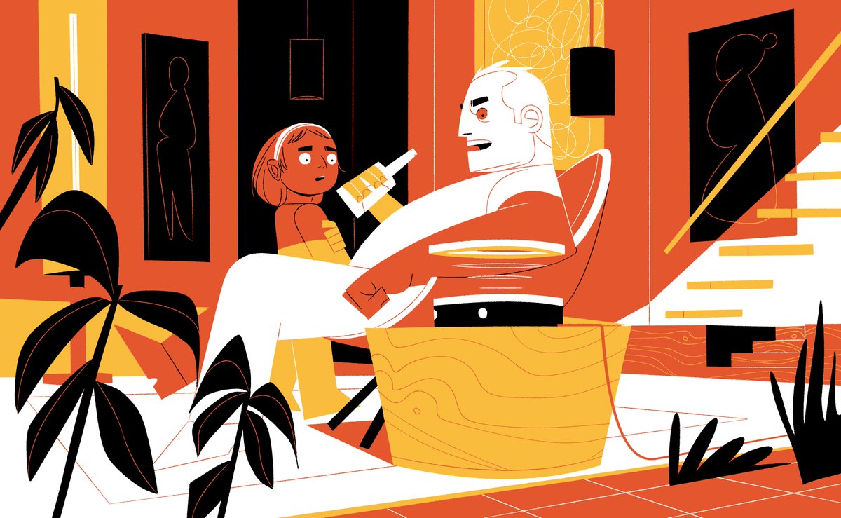 Graphic illustration of a white man sat in a chair with a beer bottle in his hand looking grumpy. His eyes are focussed on GAIA a virtual assistant, represented by a black circular box with a halo of light floating above it. His young daughter walks next to him looking shocked. 