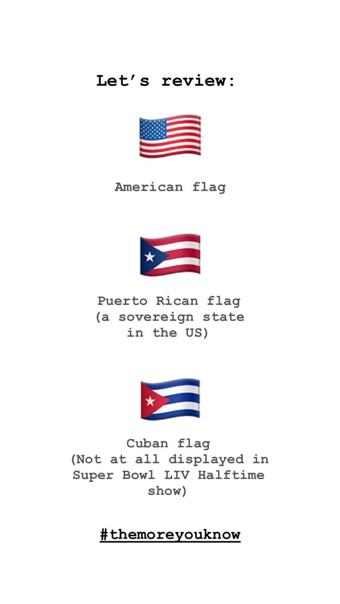 pinpanpunco's tweet photo. For those of you who need clarification, let’s review: #cuba 🇨🇺 #puertorico 🇵🇷 #UnitedStates 🇺🇸  #themoreyouknow #SuperBowlLIV #HalftimeShow2020 https://t.co/TF1J6etesV