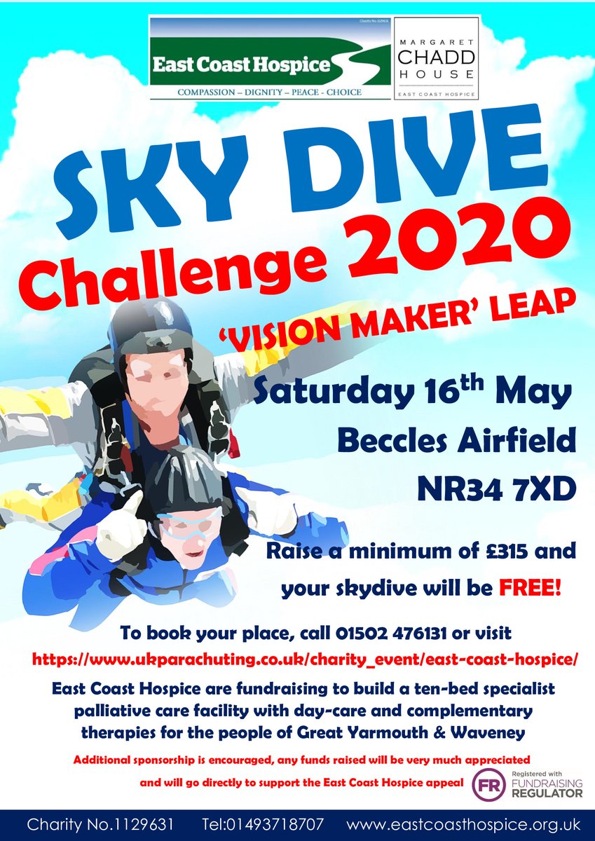 Will you be a VISION MAKER?
East Coast Hospice is calling to the 'Brave and Bold' to make a BIG leap in 2020! 
Book your place today 
ukparachuting.co.uk/charity…/east-coast-hospice/