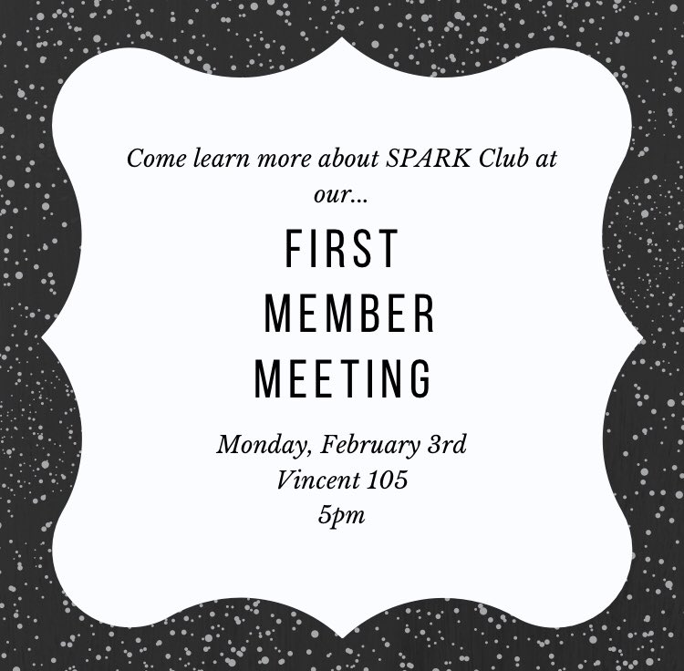SPARK_SRU's tweet photo. First member meeting of the semester is TODAY! Join us to learn more about SPARK Club!😊 https://t.co/UXGub2B22z