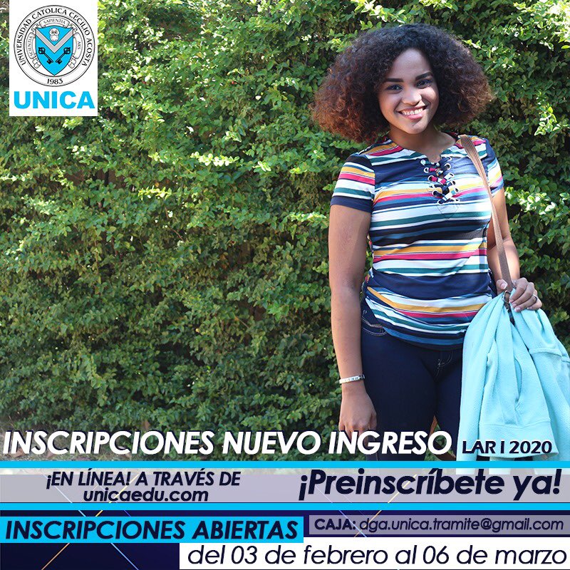 UNICAeduve's tweet photo. ¡Bienvenidos los nuevos ingresos! 😃
A partir de hoy y hasta el 06 de marzo estarán abiertas las preinscripciones e inscripciones para todas nuestras carreras de #PregradoUNICA. ✅
Regístrate en https://t.co/X96LnM1qjS y únete a la #ExcelenciaAcadémica
Requisitos: vía dm. 👍 https://t.co/iuSZ0XUa3s