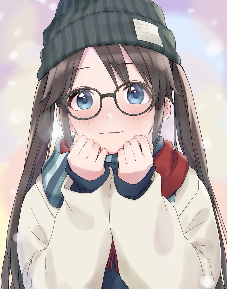 1girl solo scarf blue eyes glasses twintails hat  illustration images