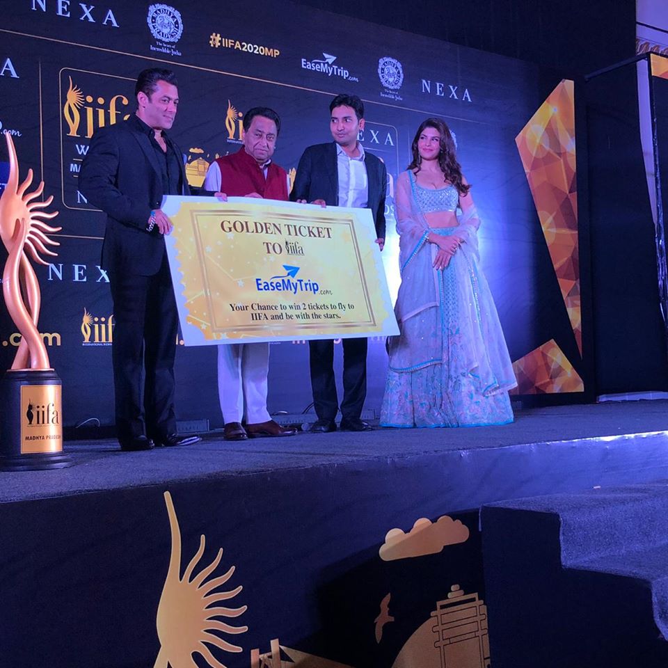 IIFA's tweet photo. @officeofknath, Mr. Nishant Pitti, and the star celebrities strike a pose with the Golden Ticket to IIFA.
#IIFA2020MP #IIFA https://t.co/aVSTg6vw2j