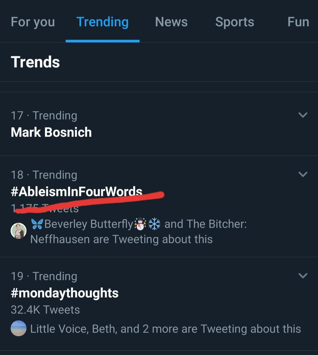 Screenshot with #AbleismInFourWords underlined in red.