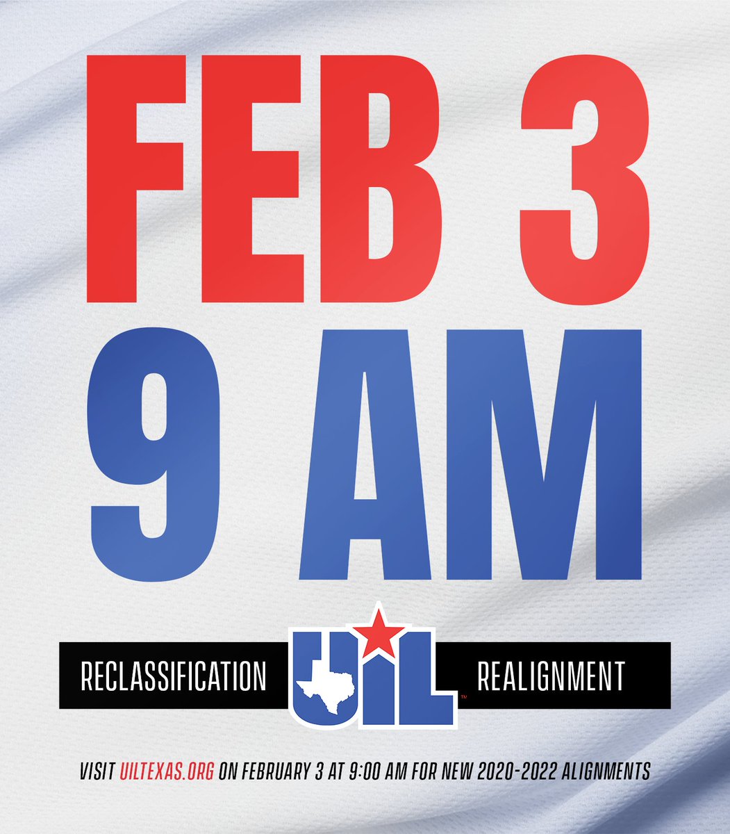 uiltexas's tweet photo. Set your ⏰ !

We are one hour away from the release of the 2020-2022 UIL Reclassification &amp; Realignment. 

Visit https://t.co/7FbP2bCR1y at 9 AM as new alignments go LIVE! https://t.co/Vnw9EwC1E1
