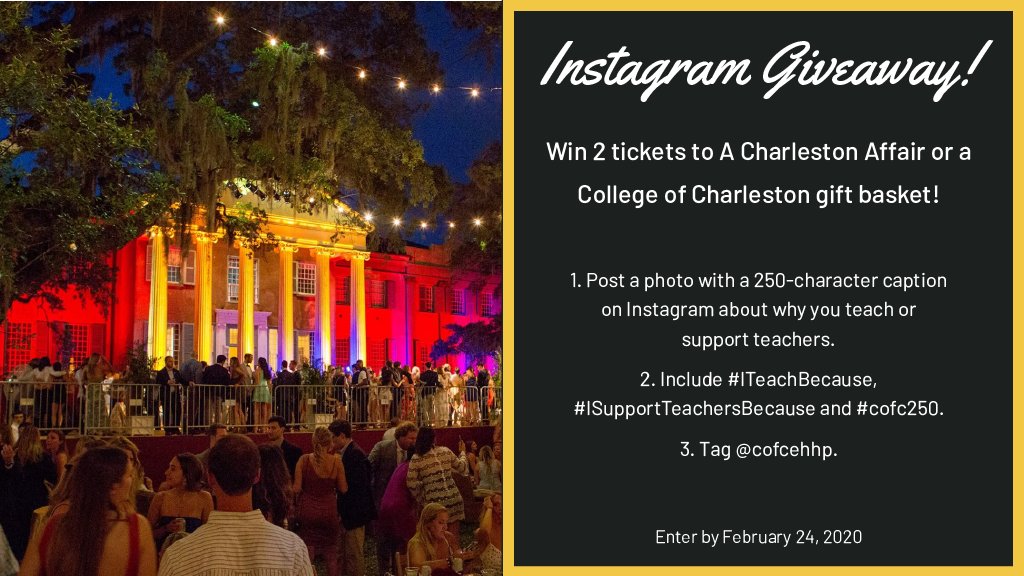 Share why you teach or why you support teachers and you could win A Charleston Affair tickets or a CofC gift basket!! Details here: bit.ly/teachbecause. #ITeachBecause #ISupportTeachersBecause