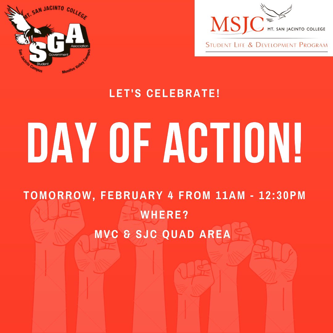 MSJC_studentgov's tweet photo. TOMORROW! Join us a we celebrate the Day of Action 😎✊🏻💪🏼. At both campuses from 11am till 12:30pm
Go Eagles! 🦅
#msjcedu #msjctalon #msjceaglesrise #msjcsga #msjctalon https://t.co/ovYPRa8ffa