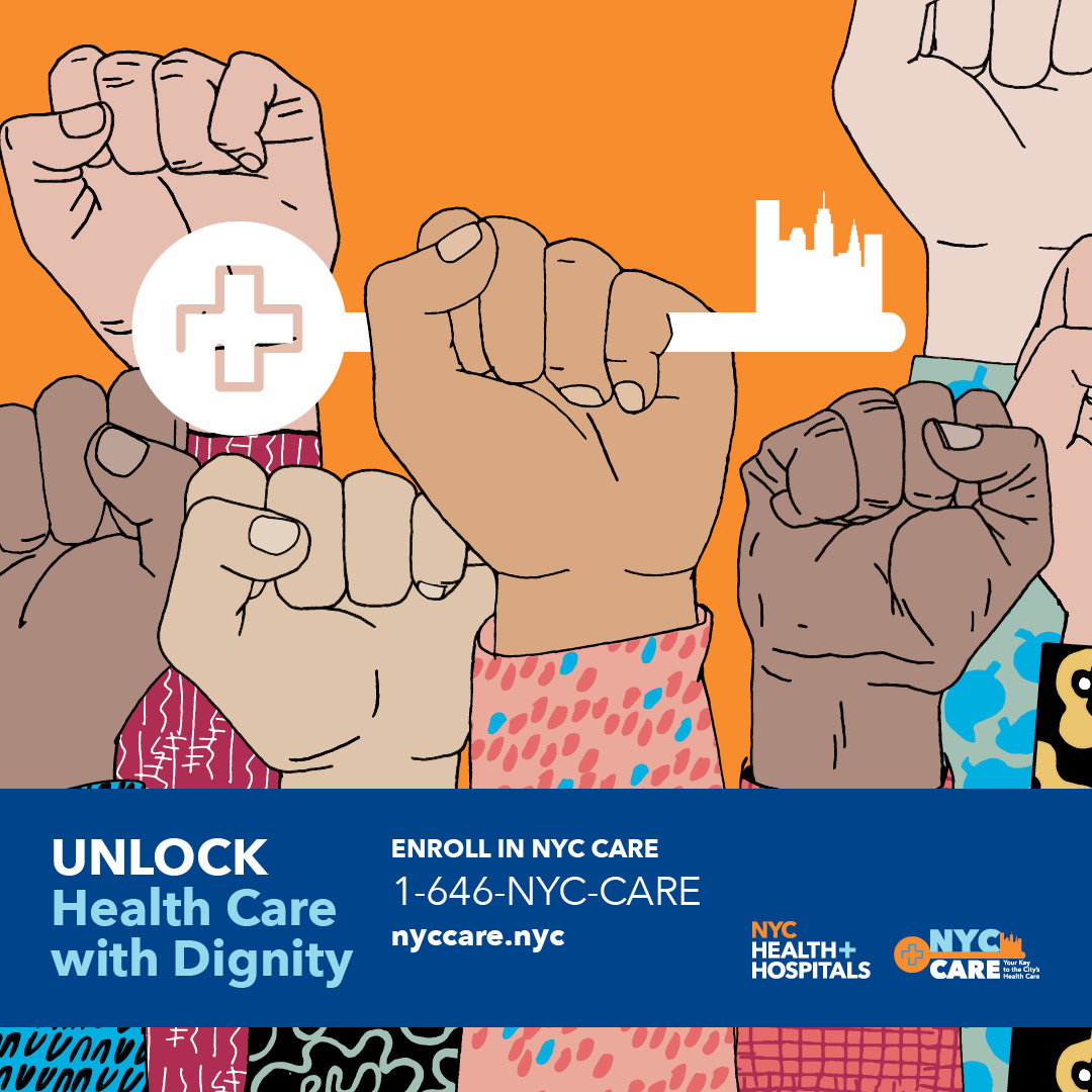 A graphic showing hands holding a key and a phone number for NYC CARE at 646-NYC-CARE.