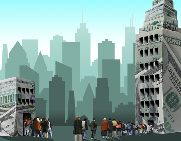 Artistic image of a city skyline with workers and customers entering different business establishments