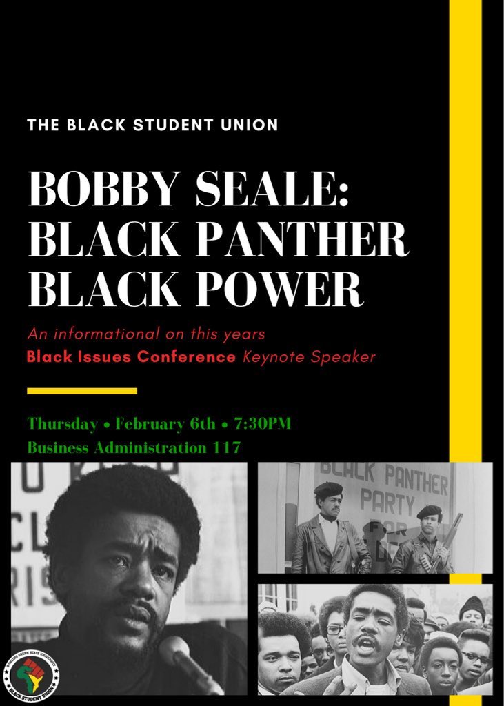 Did you know that this years #BlackIssuesConference2020 Keynote Speaker is #BobbySeale!
—————————
Seale and Huey P. Newton co-founded the Black Panther Party.
————————
Come out this Thursday to learn more about the great leader and prep your self for his keynote speech.

✊🏾✊🏼✊🏽✊🏿