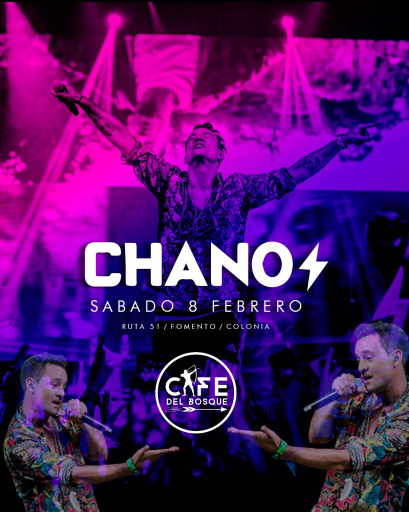 Este sábado llega por primera vez!! <a href="/CHANOTB/">CHANO</a> ⚡️ CHANO ⚡️⚡️⚡️ en CDB con todos sus éxitos en un recital internacional imperdible en Fomento! 
Sábado 8 de Febrero en Playa Fomento, Ruta 51, dpto Colonia.