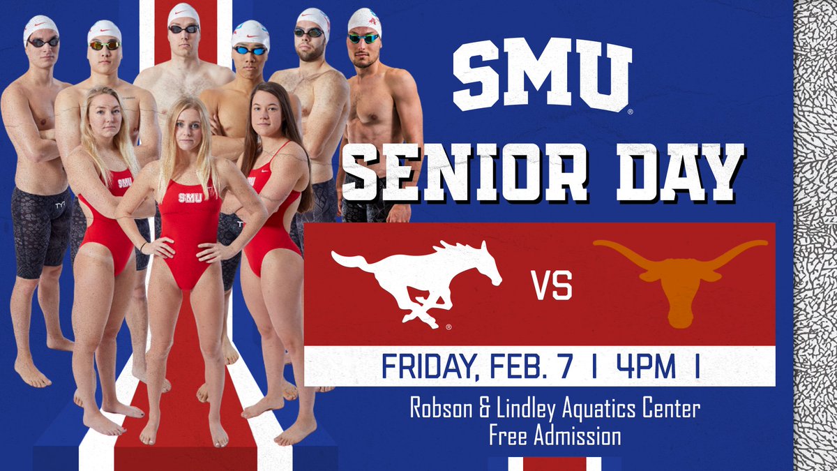 SMUMustangs's tweet photo. Both @SMUSwimmingM and @SMUSwimmingW have Senior Day against Texas! 
📅 Feb. 7
🕔 4PM
🏠 Robson &amp; Lindley Aquatics Center
🏊M ℹ️ https://t.co/YODOexeoxv
🏊W ℹ️ https://t.co/LNFAoc9A1l
#PonyUp https://t.co/KzycgdM4QN