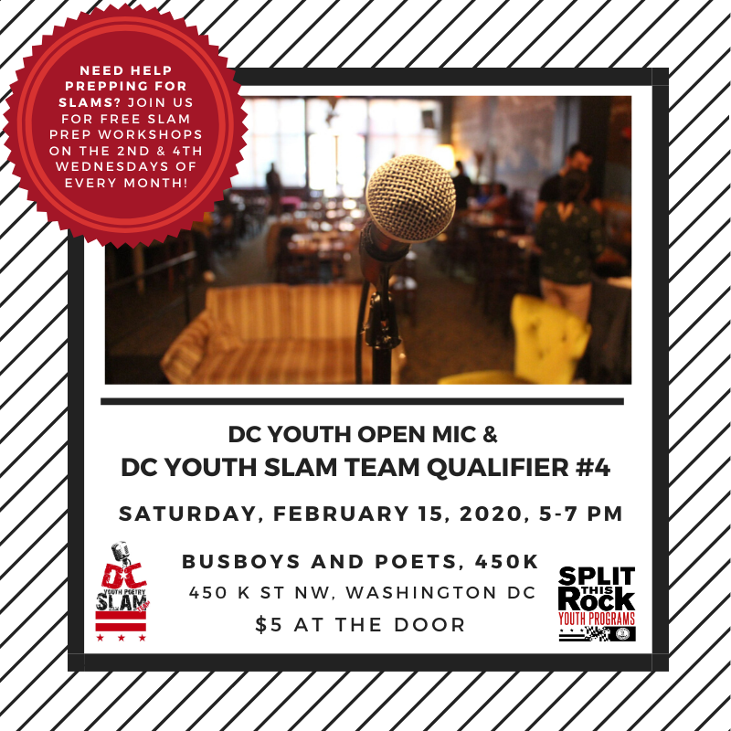 DCyouthSlam's tweet photo. Want to be a member of the DC Youth Slam Team? The fourth 2020 DCYST Qualifying Slam will take plan at the Youth Open Mic on Sat. Feb. 15, 5-7 pm at Busboys & Poets-450 K. Hosted by Kenny Carroll. More details: https://t.co/OwrBccPxyw
#DCopenmic #DCpoetry #DCslampoets #SlamPoets https://t.co/VTEjmHHicF