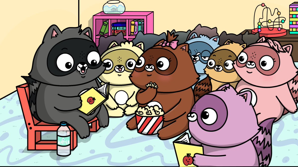 Cartoon drawing of cuddly animals listening to a story read by a racoon. 