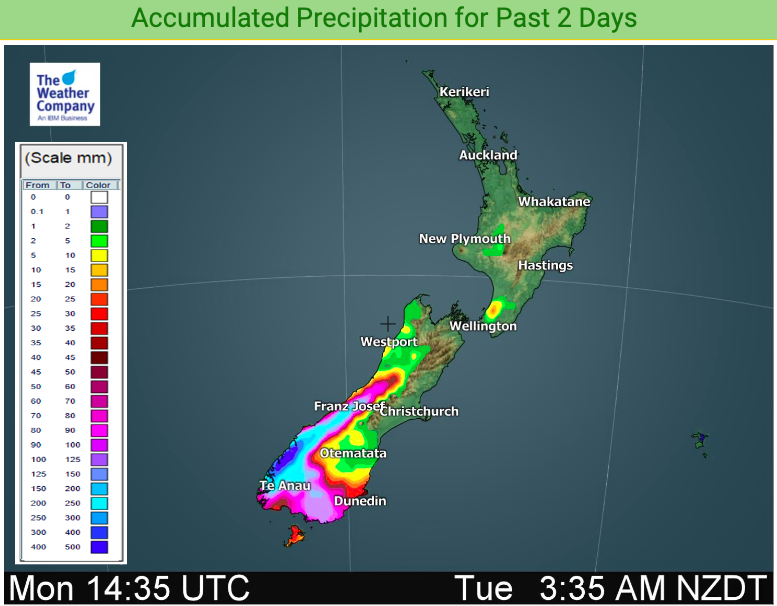 #Southland #Otago #WestCoast: More heavy rain today - then it eases.

Map 1: Forecast rainfall from 7am Tue to 7am Wed
Map 2: Rainfall that has already fallen past 2 days

#NewZealand #weather #summer #deluge