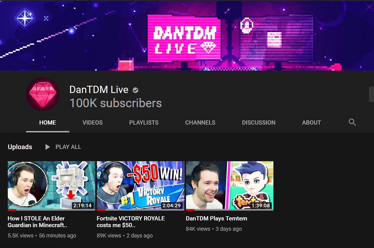 dantdm's tweet photo. well.. looks like we'll be getting one of those shiny new 100k YouTube Silver Plaques 😛

New channel is https://t.co/DL9SxmDCo1

Thanks guys 💎 https://t.co/uiUlLBiXE9