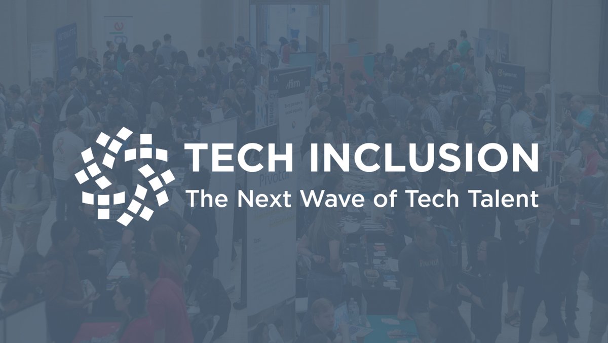 A picture of a tech inclusion career fair with a blue filter over it, and white text reading "Tech Inclusion, The Next Wave of Tech Talent".