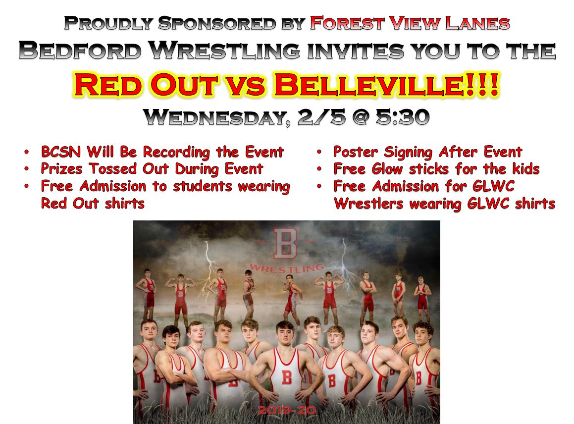 WrestlingMules's tweet photo. Come out and support the Mules at the Red Out this Wednesday.  Red Out shirts will be sold on M, T, &amp; W during all lunch hours.  Go Mules! @BCSNsports @MichMule @BedfordSchools @BedfordMules @forestviewlanes https://t.co/I8ov08Kn4D