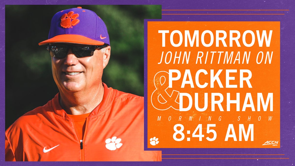 clemsonsoftball's tweet photo. ๐คฉ Head Coach @rittmanjohn will join #PackerAndDurham live on @accnetwork at approximately 8:45 a.m. tomorrow morning!
๐บ https://t.co/jp0xMy9Q8B
#FirstPitch2020๐พ https://t.co/LWLQZ2fUUg