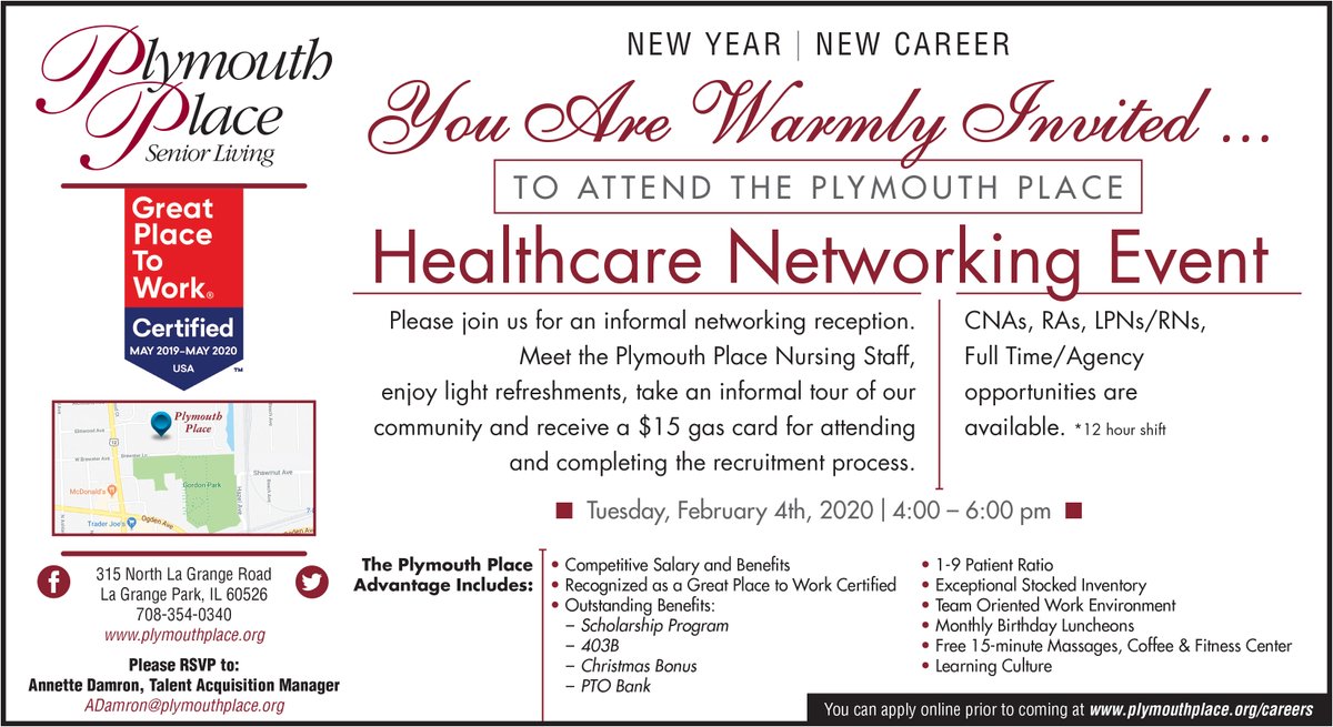 PlymouthPlace's tweet photo. Join us at our Healthcare Networking Event on Tuesday, February 4th, 4 - 6 pm. Meet the Plymouth Place Nursing Staff and learn more about careers in our community.  Plymouth Place is a Great Places to Work recognized organization. Check it out for yourself! https://t.co/Lpfhst0RnQ
