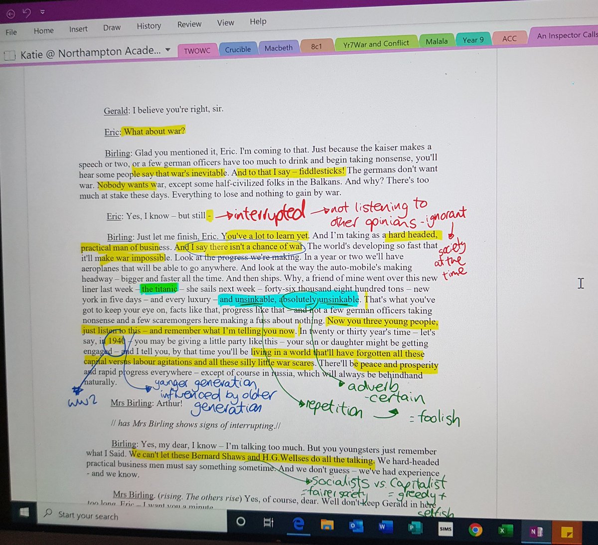 KVinceyxx's tweet photo. My love for #OneNote is growing by the day....a typed up version of #AnInspectorCalls that I can annotate live along with the class. @OneNoteEDU @Team_English1 DM me if you want the typed up copy. #teamenglish https://t.co/9PYsecdvWr