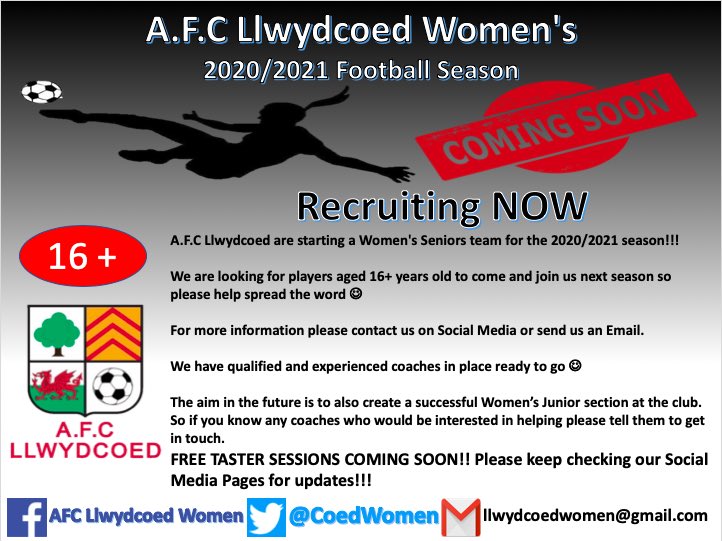 We are aiming to create a female senior team for the 2020/2021 season ⚽️ We are looking for players 16+ to come and join us 👍🏻 

If you are interested in playing next season or coaching please get in touch ASAP 👍🏻

Follow us on Facebook also - AFC Llwydcoed Women 

#UppaCoed ⚫️⚪️