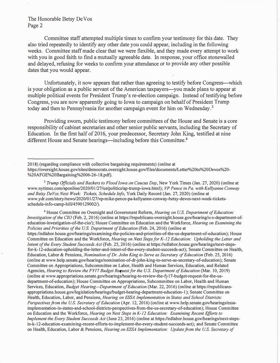 Screenshot of page 2 of the letter from Chairwoman Maloney to Secretary Betsy DeVos. 