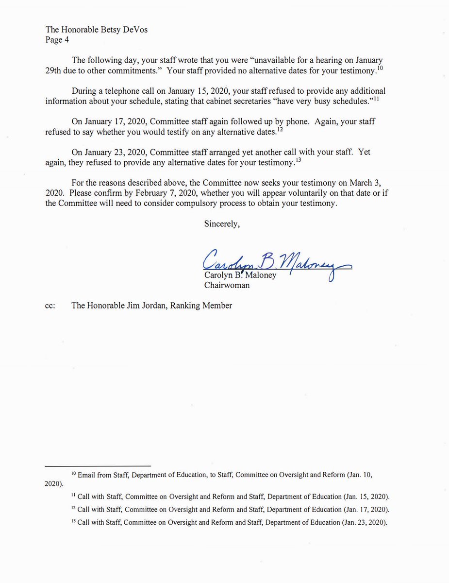 Screenshot of page 4 of the letter from Chairwoman Maloney to Secretary Betsy DeVos. 