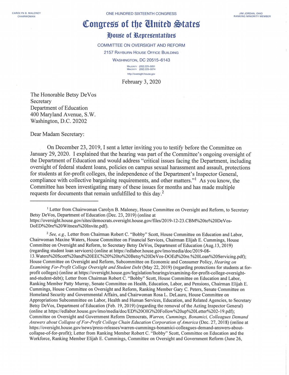 Screenshot of page 1 of the letter from Chairwoman Maloney to Secretary Betsy DeVos. 